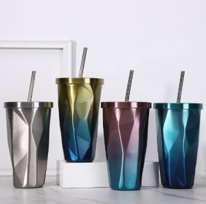 כוס קש כפולה בצורת יהלום לא סדירה אופנתית כוס ואקום ואקום שיפוע כוס קפה נירוסטה יצירתית עם מכסה וקש