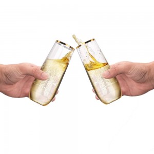 IiFluthi zeChampagne zePlastiki ezingenaStemlite eziLahlwayo 9 oz Rim yeGolide ecacileyo Iiglasi zokuThoba zePlastiki eziGutyuzayo Ziyakwazi ukurisayikilisha kunye ne-BPA-Mahala – 10 oz